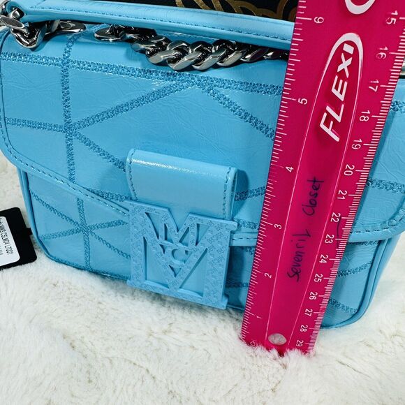 MCM Mini Travia Quilted Logo Plaque Crossbody Bag Turquoise Blue NWT - Picture 10 of 11